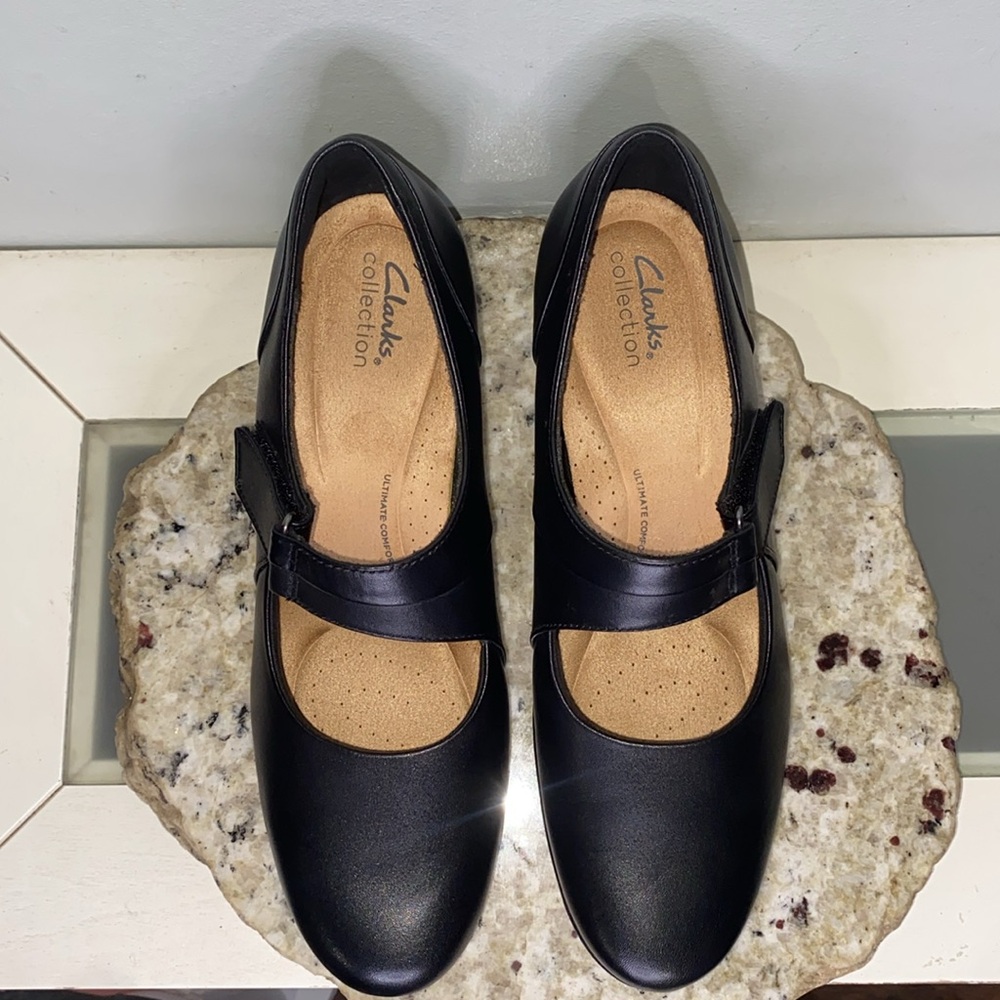CLARKS EMSLIE LULIN BLACK LEATHER MARY JANE COMFORT HEELS Women’s Size 10 NWT! - Picture 6 of 16
